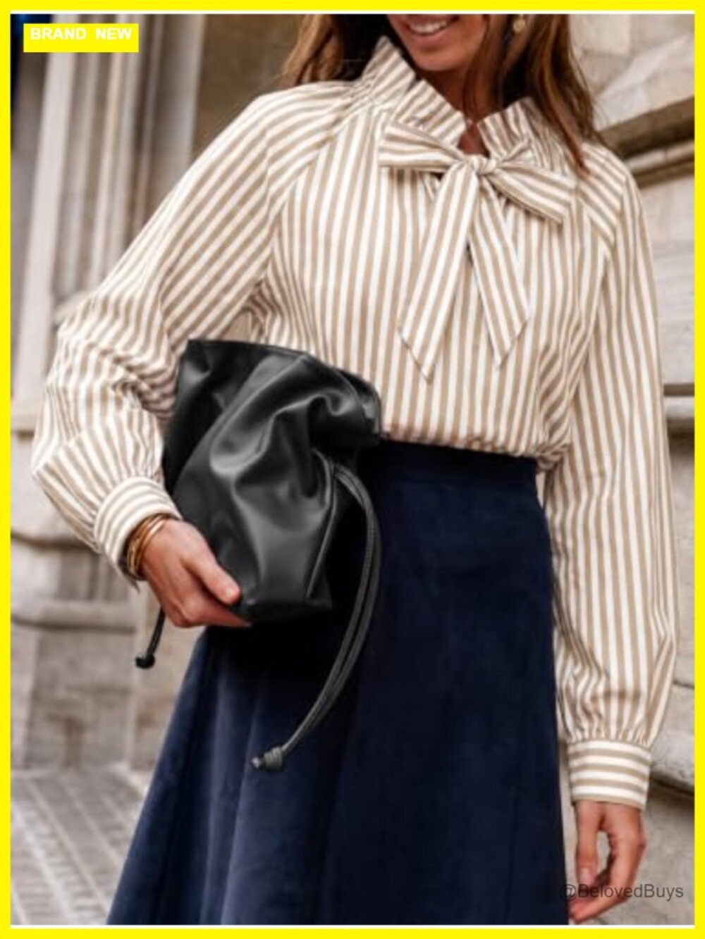 Cotton Striped Bow Tie Blouse Puff Long Sleeve Ruffle Women's Top - Picture 2 of 6